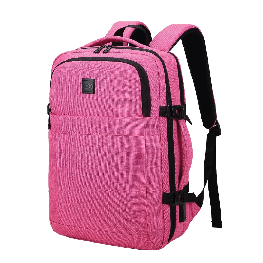 Pink backpack with black straps on a white background