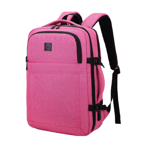 Pink backpack with black straps on a white background