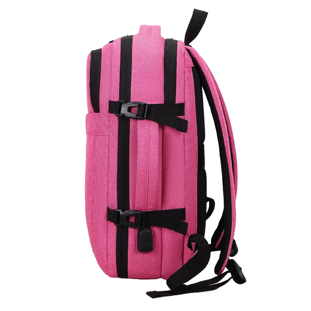 Pink backpack with black straps on a white background