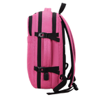 Pink backpack with black straps on a white background