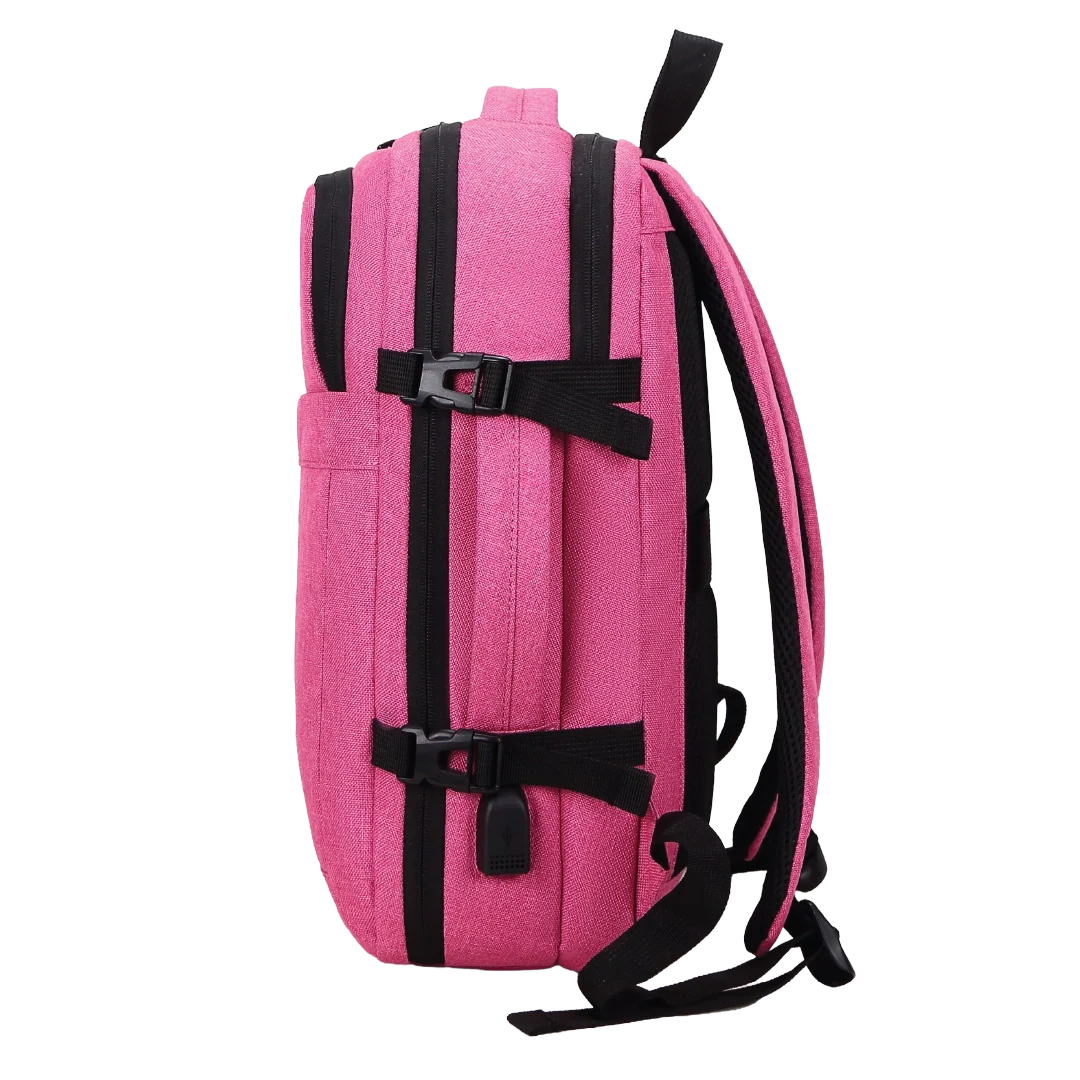 Pink backpack with black straps on a white background