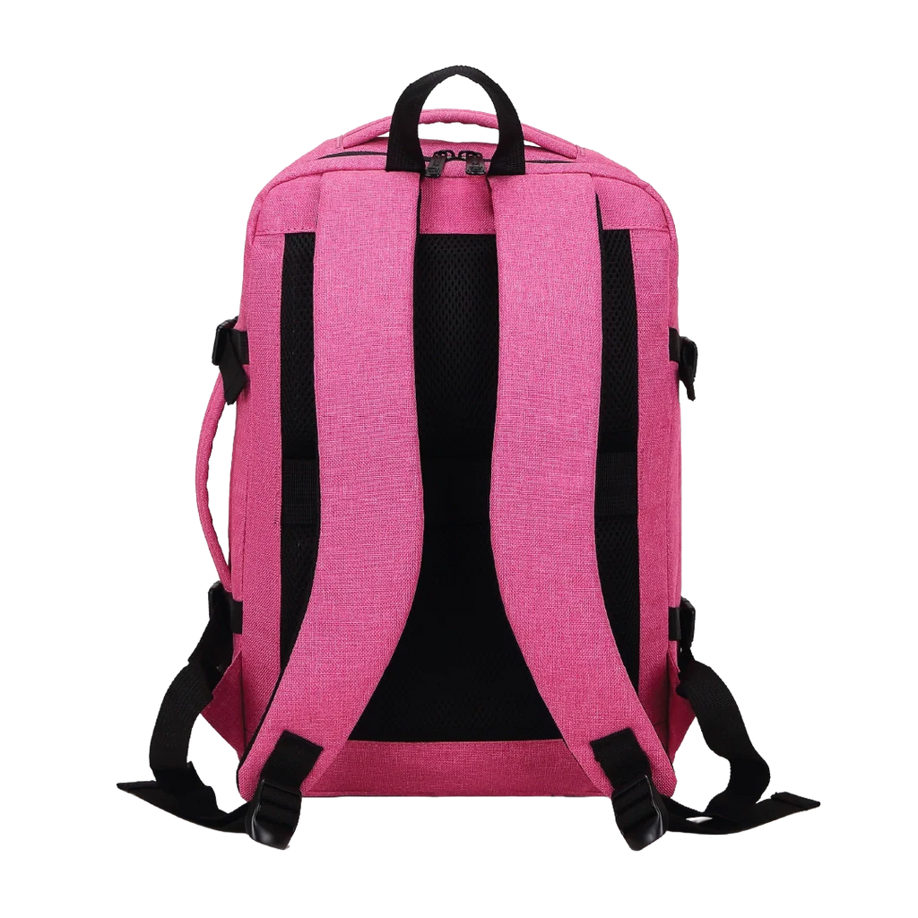 Pink backpack with black straps on a white background