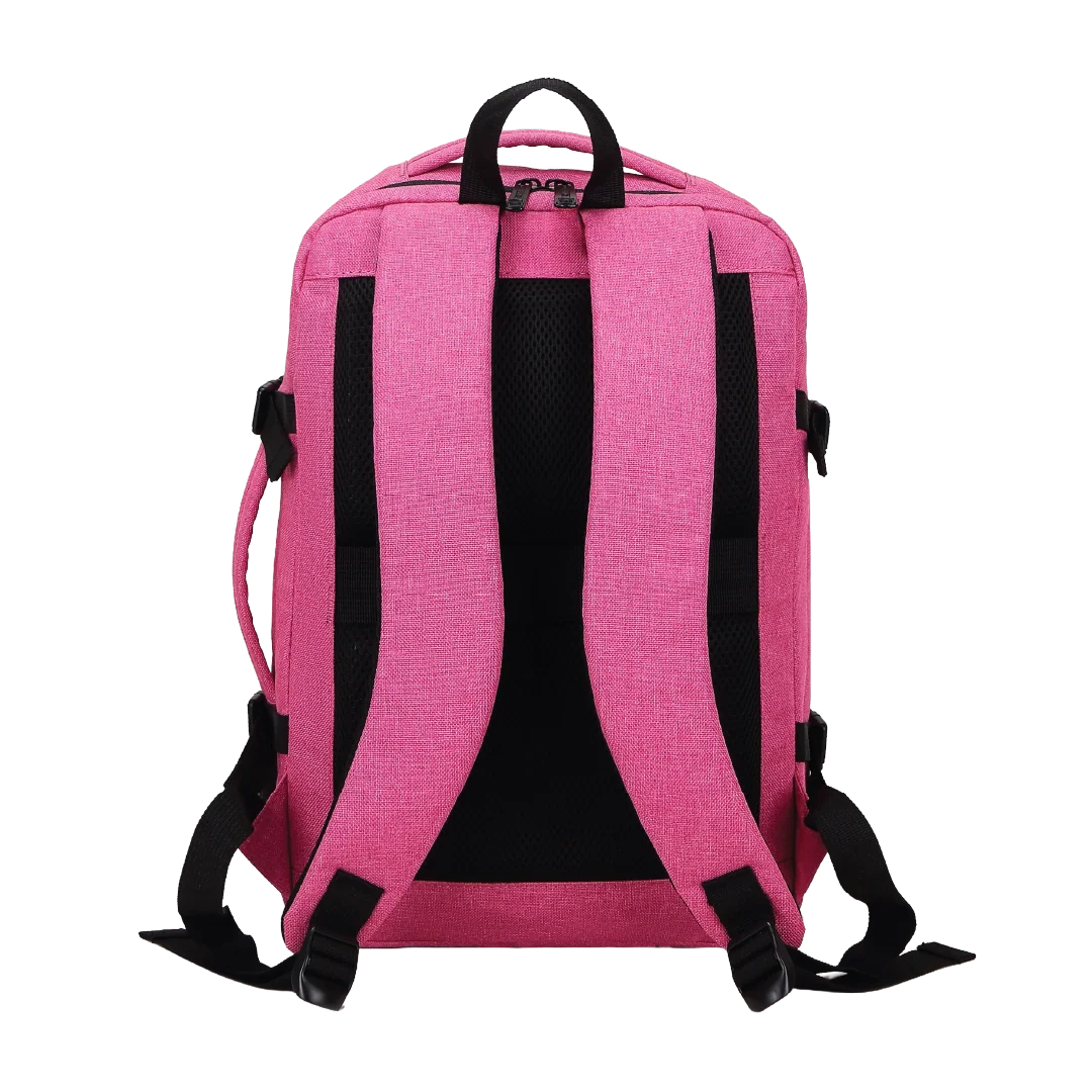 Pink backpack with black straps on a white background