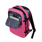 Pink backpack with open front pocket on a white background