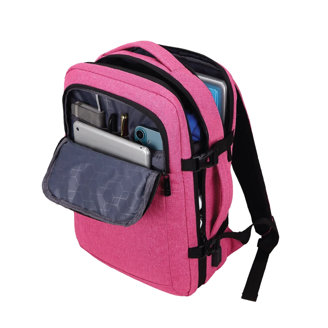 Pink backpack with open front pocket on a white background