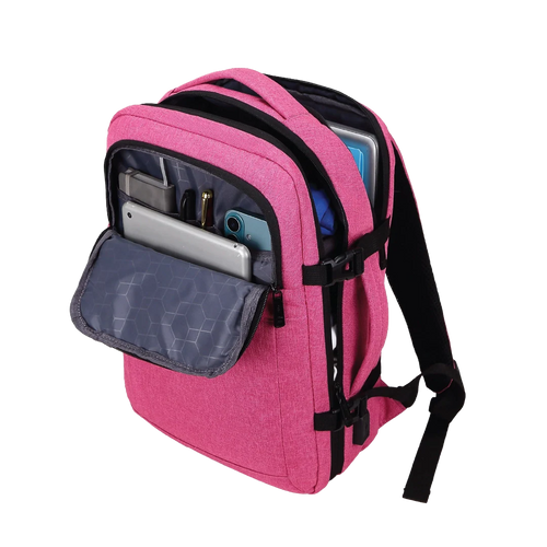 Pink backpack with open front pocket on a white background