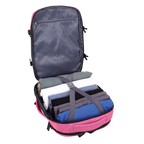 Pink and gray backpack with compartments on a white background