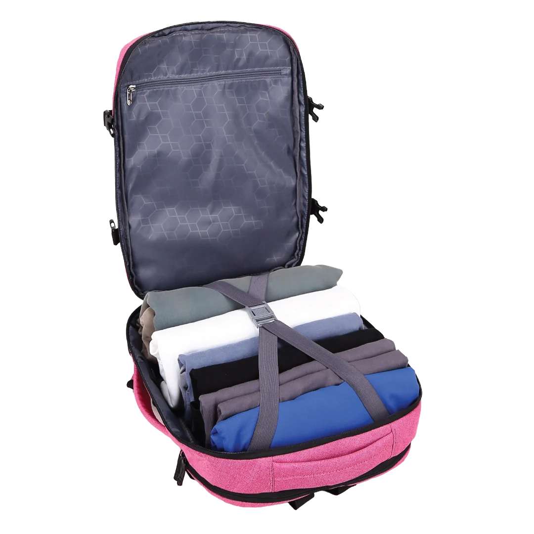 Pink and gray backpack with compartments on a white background