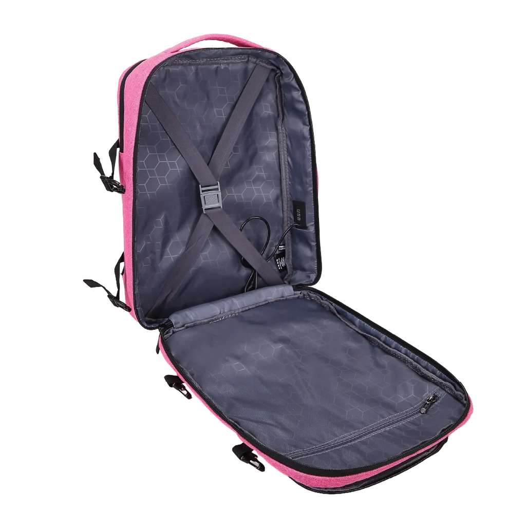 Open backpack with pink exterior and gray interior on a white background
