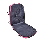 Open backpack with pink exterior and gray interior on a white background
