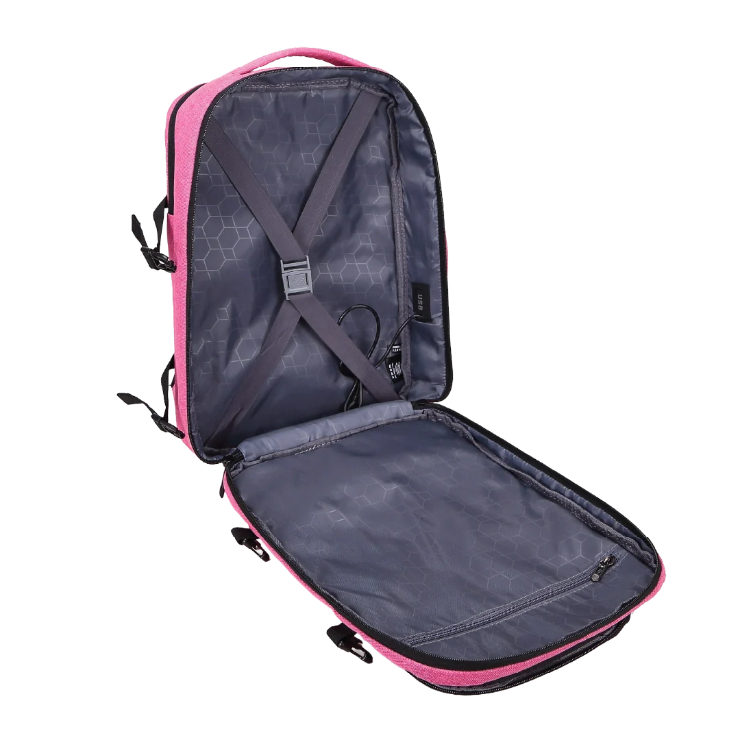 Open backpack with pink exterior and gray interior on a white background
