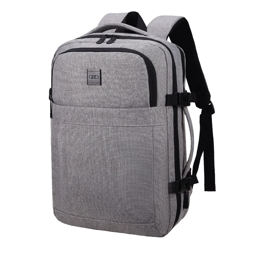Gray backpack with black straps on a white background