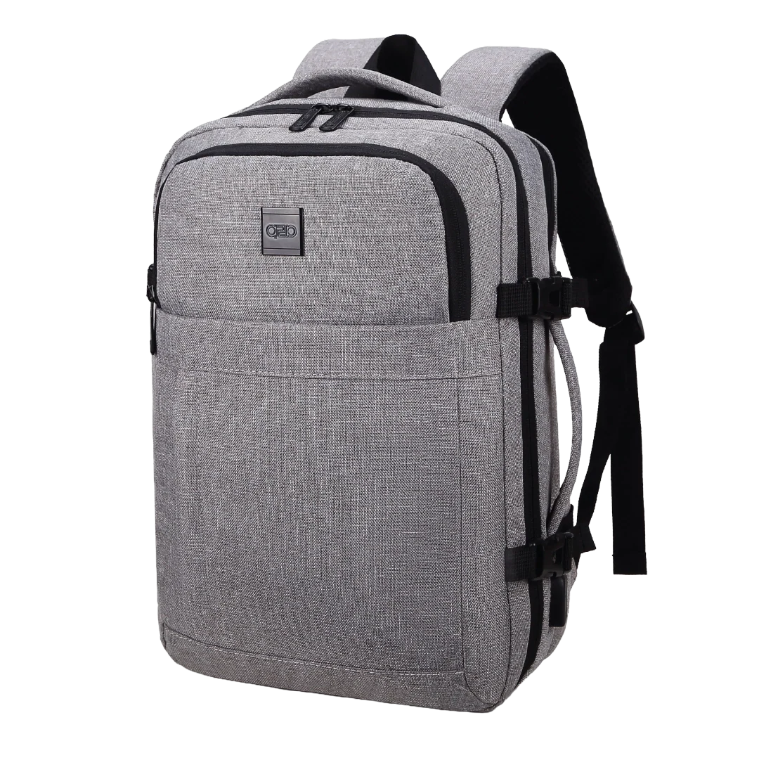 Gray backpack with black straps on a white background