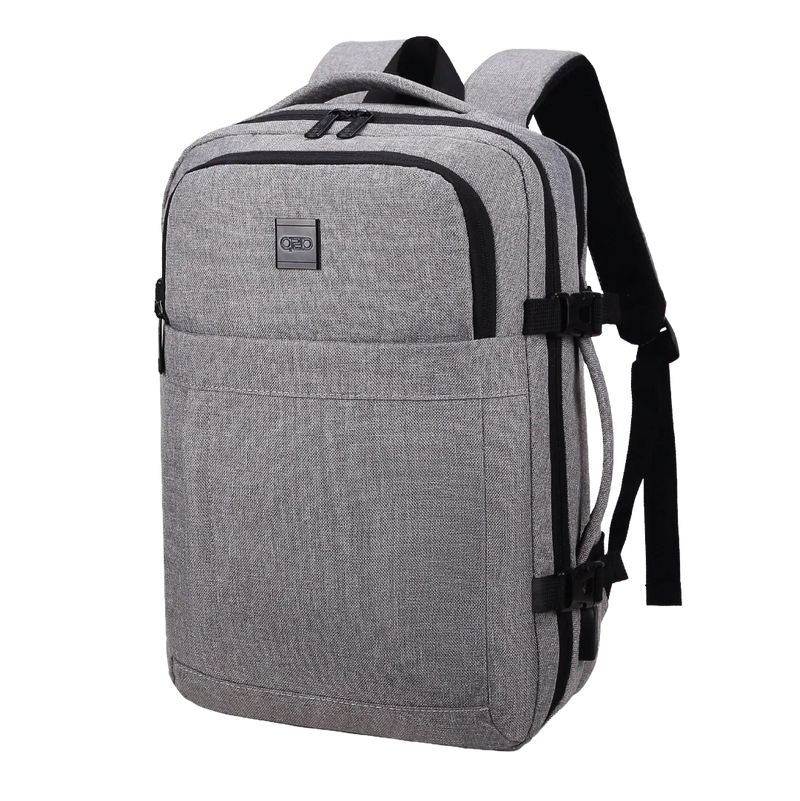 Gray backpack with black straps on a white background