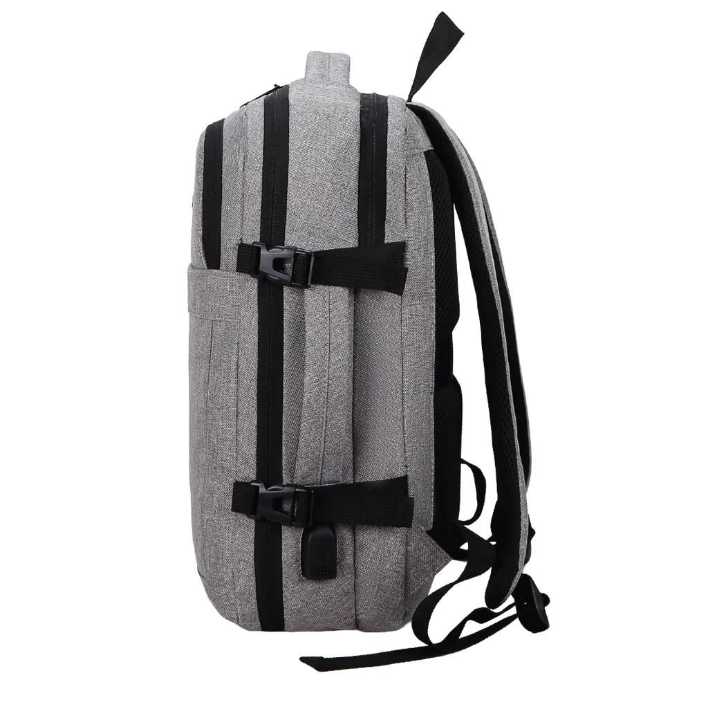 Gray backpack with black straps on a white background