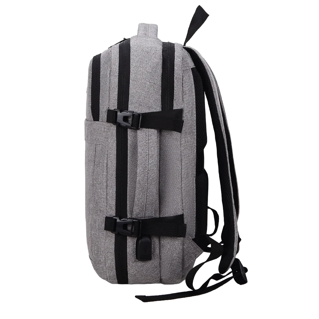 Gray backpack with black straps on a white background