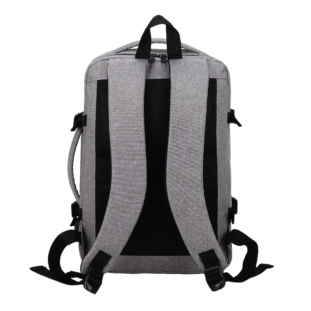 Gray backpack with black straps on a white background