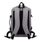 Gray backpack with black straps on a white background