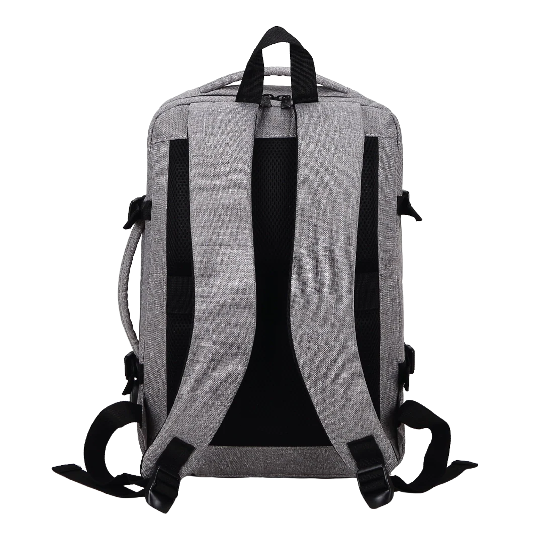 Gray backpack with black straps on a white background