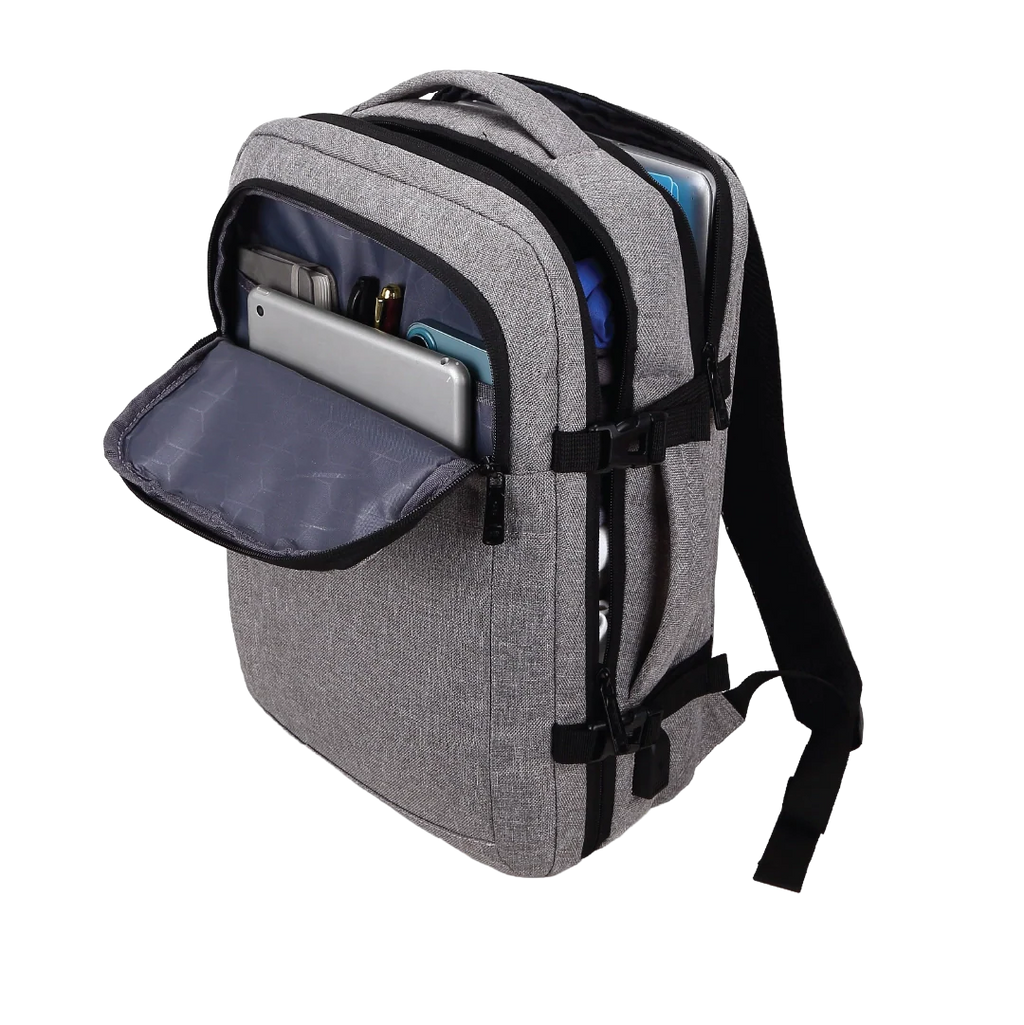 Gray backpack with open front pocket on a white background