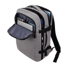 Gray backpack with open front pocket on a white background