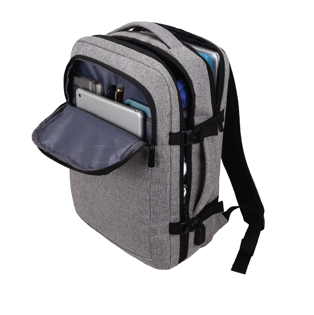 Gray backpack with open front pocket on a white background