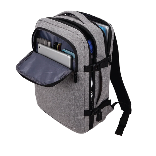 Gray backpack with open front pocket on a white background