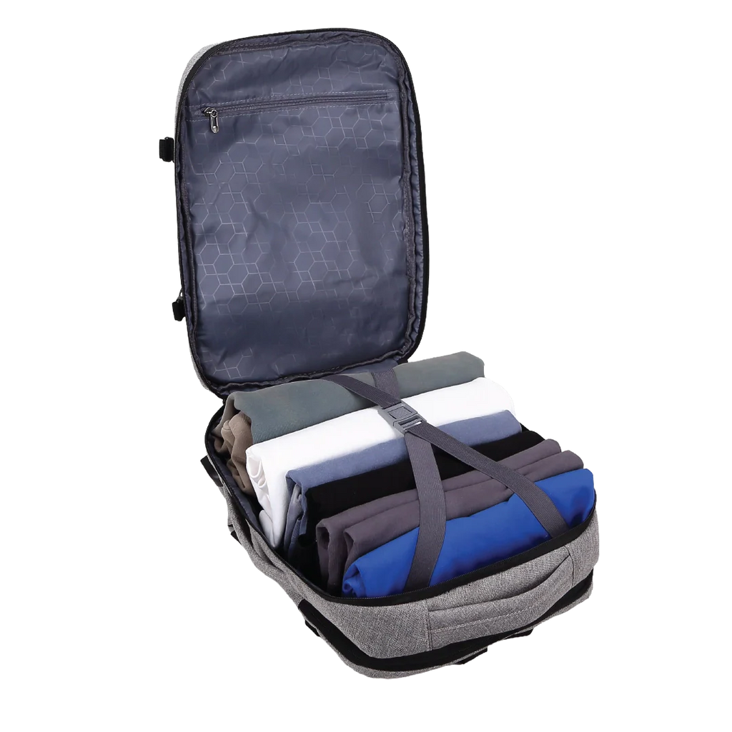 Gray backpack open showing items inside on a white background