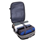 Gray backpack open showing items inside on a white background