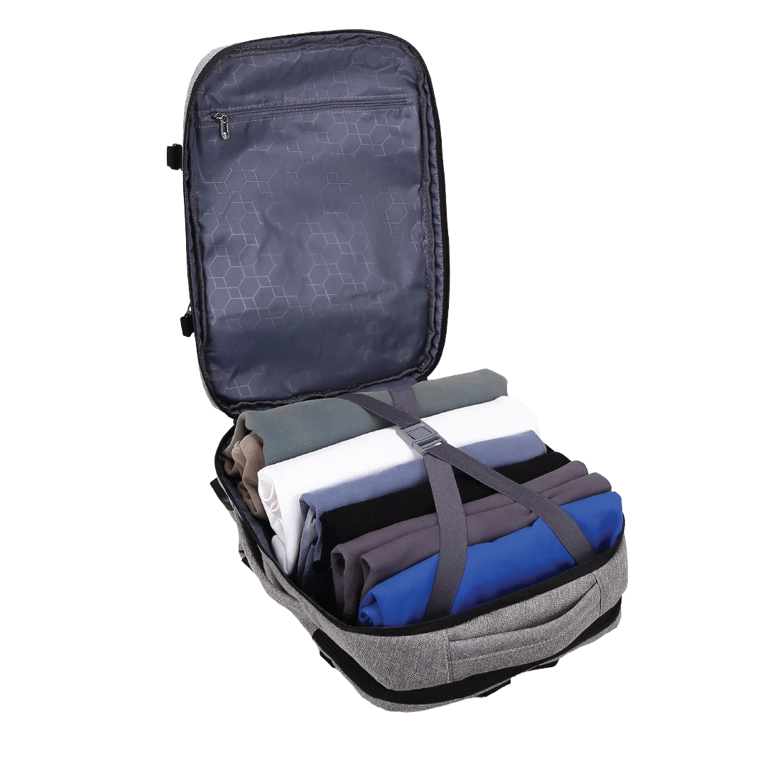 Gray backpack open showing items inside on a white background