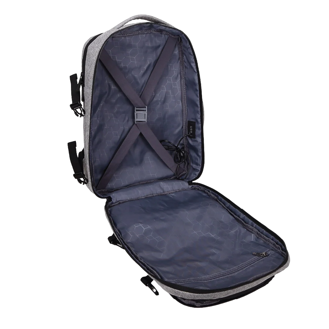 Open backpack with pattern inside on a white background
