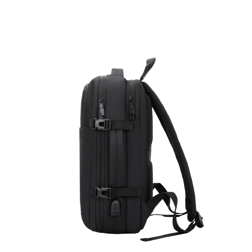 Black backpack showing the handles and straps.