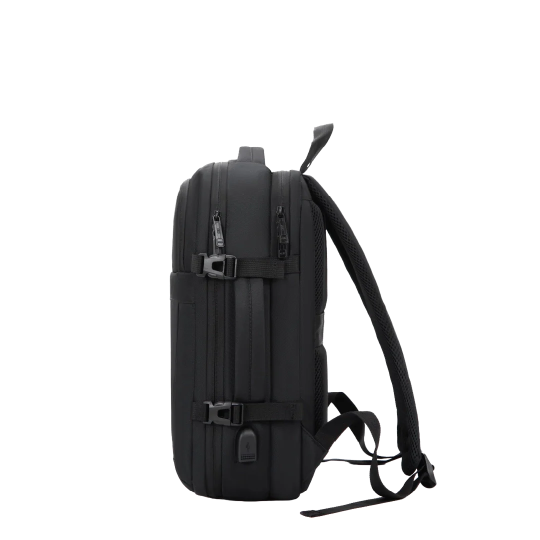 Black backpack showing the handles and straps.