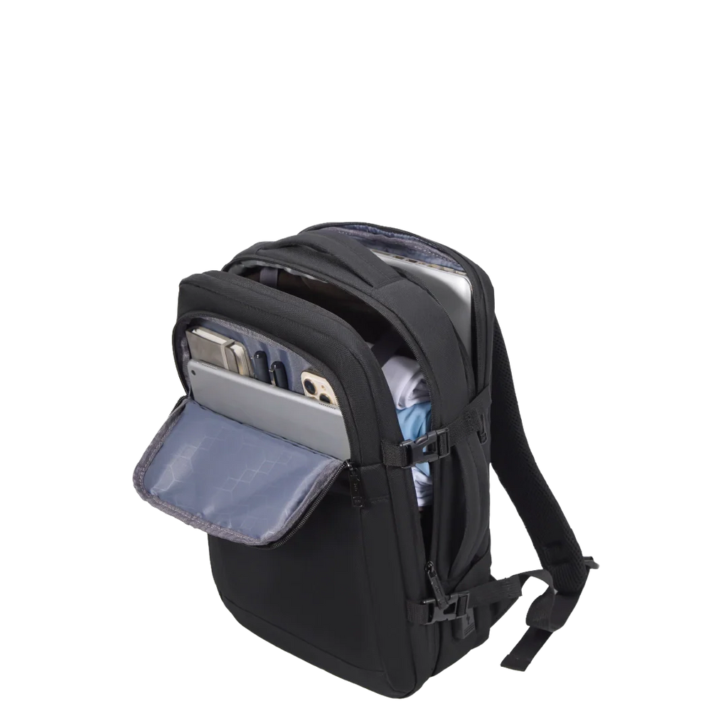 Black backpack with multiple open compartments.