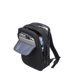 Black backpack with multiple open compartments.
