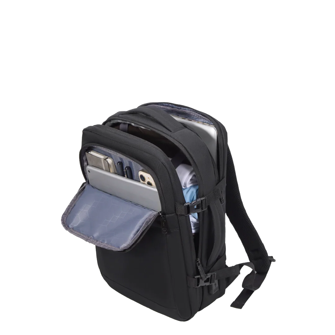 Black backpack with multiple open compartments.