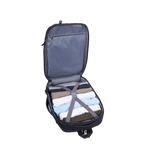 Open suitcase with folded clothes on a white background