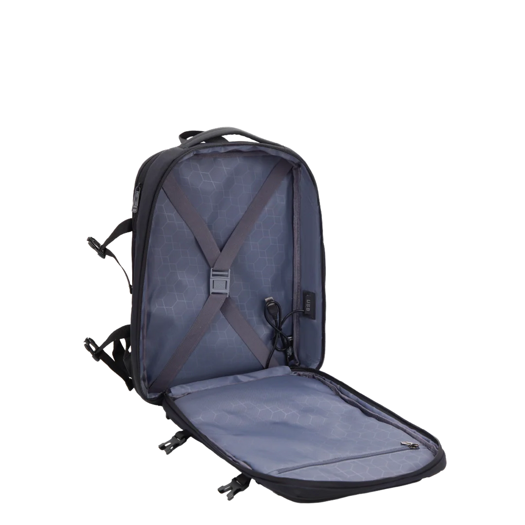 Open gray backpack on a white background