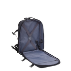 Open gray backpack on a white background