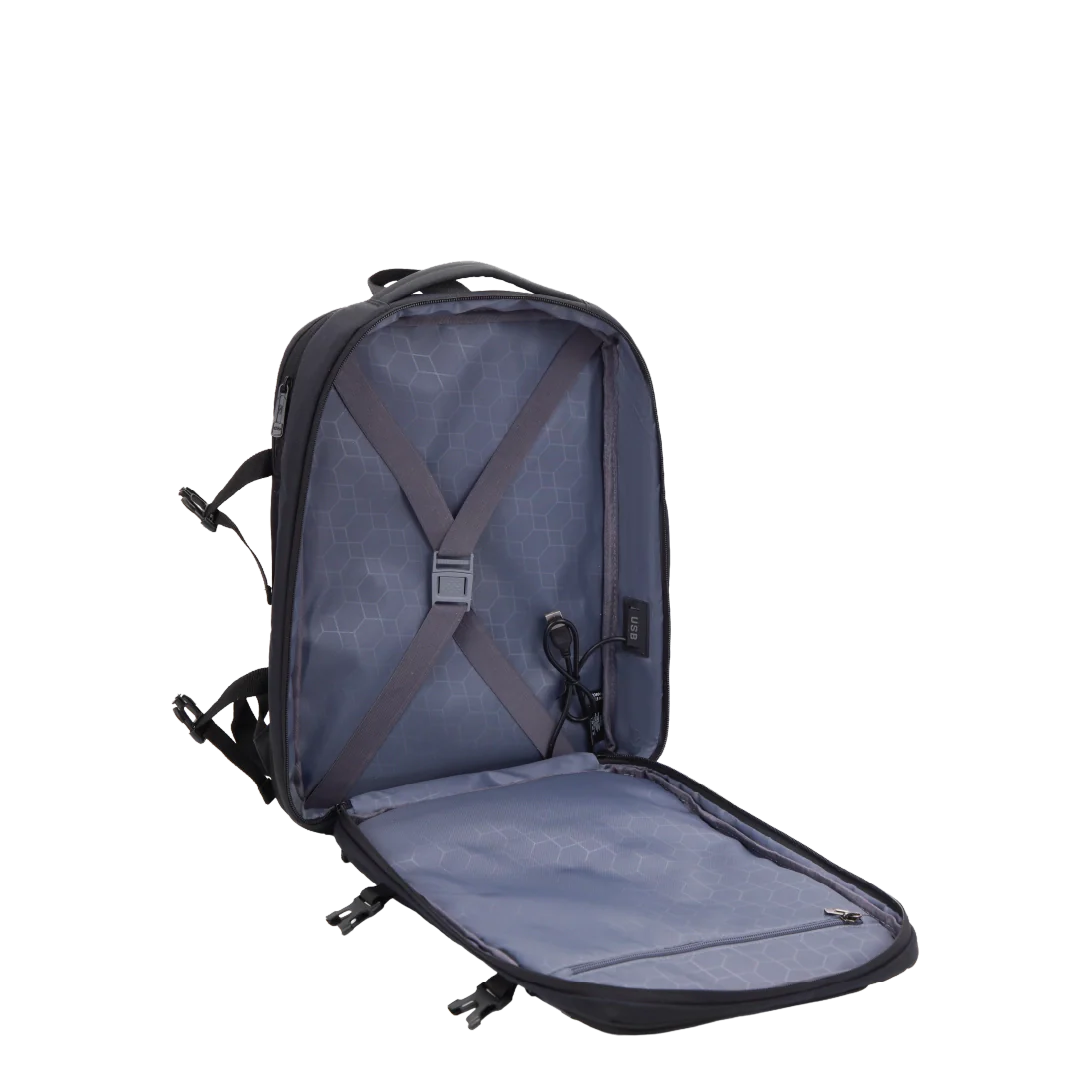 Open gray backpack on a white background