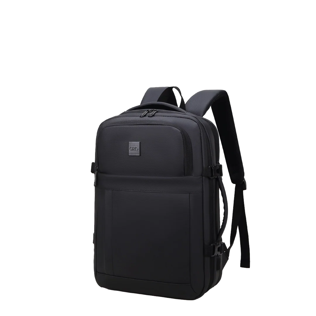 Black backpack on a white background