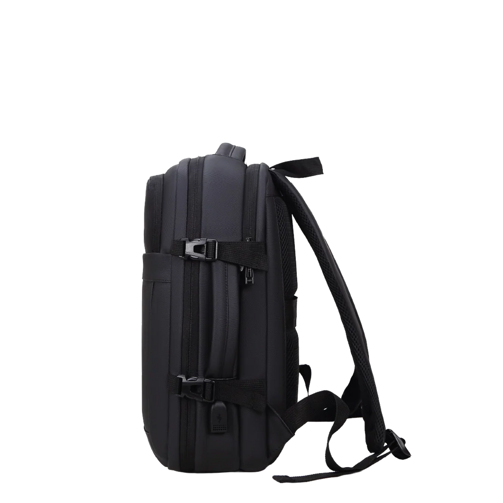 Backpack in black with staps, handles and multiple compartments.