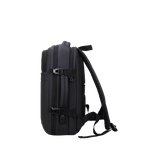 Backpack in black with staps, handles and multiple compartments.