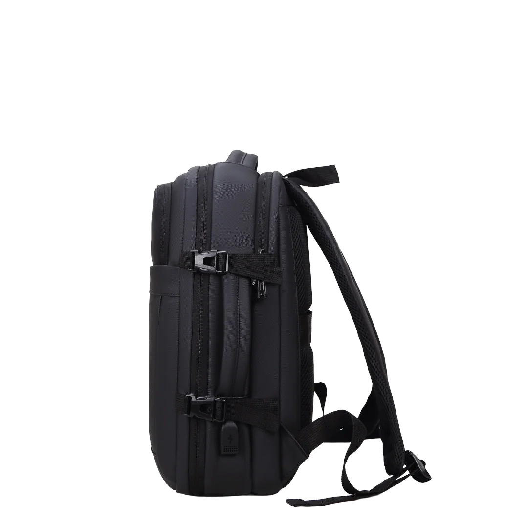 Backpack in black with staps, handles and multiple compartments.