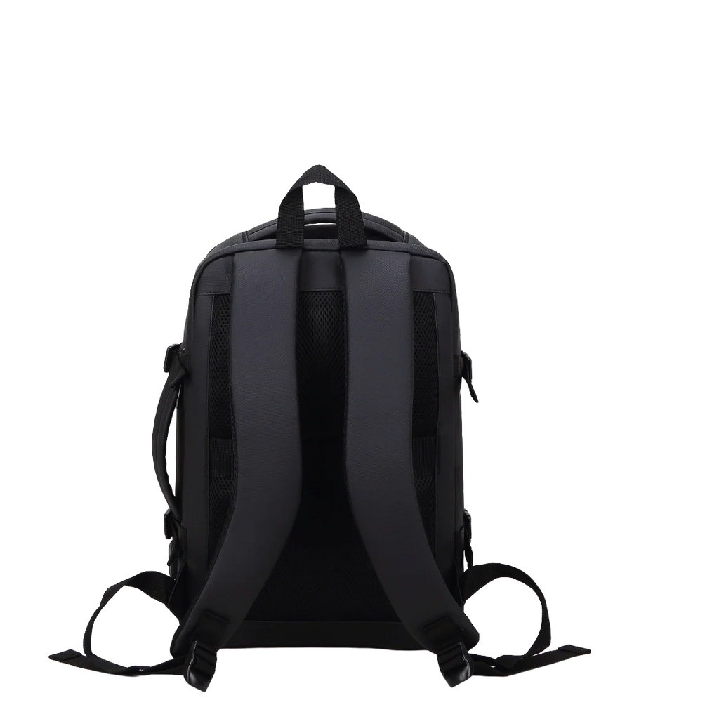 All black backpack with straps.