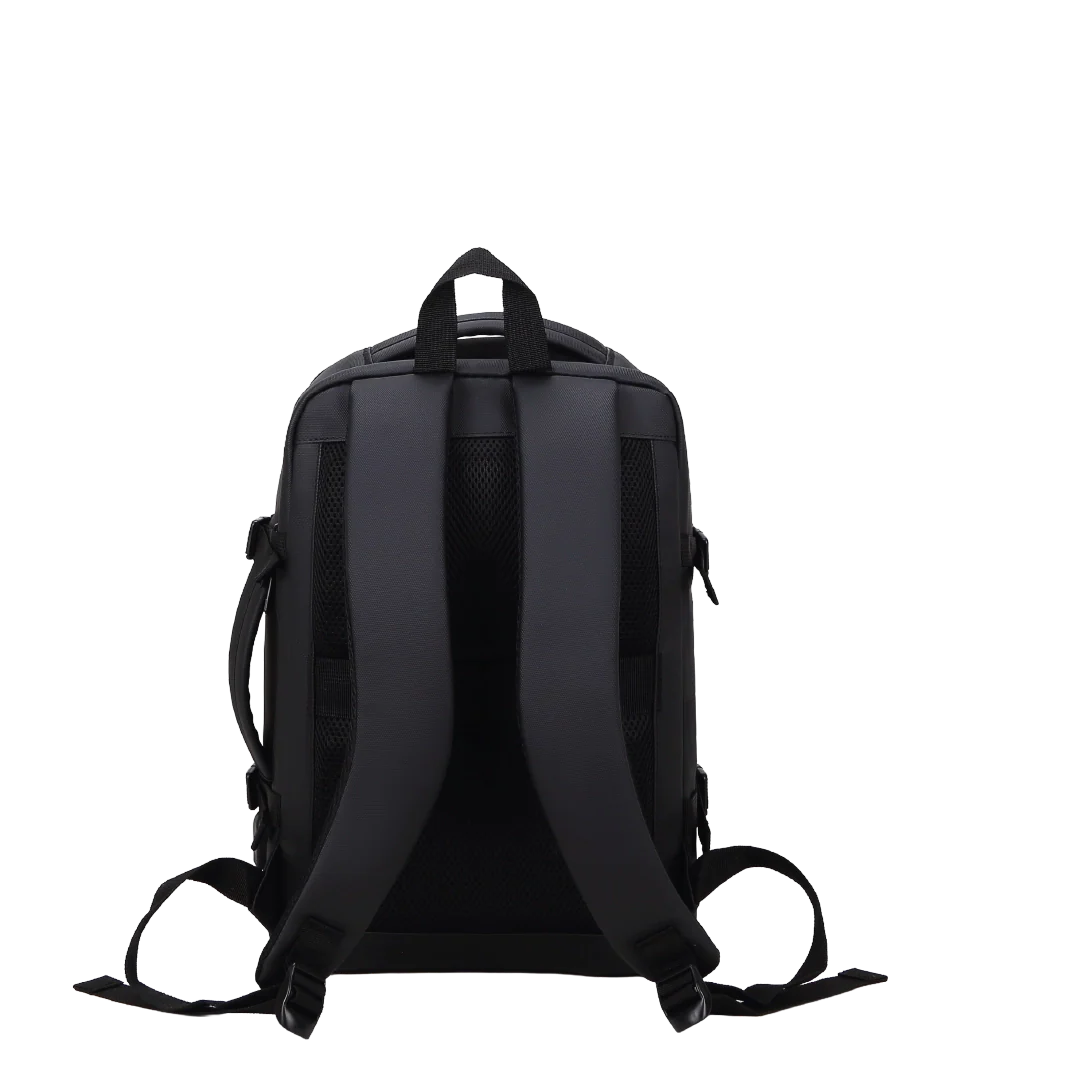 All black backpack with straps.