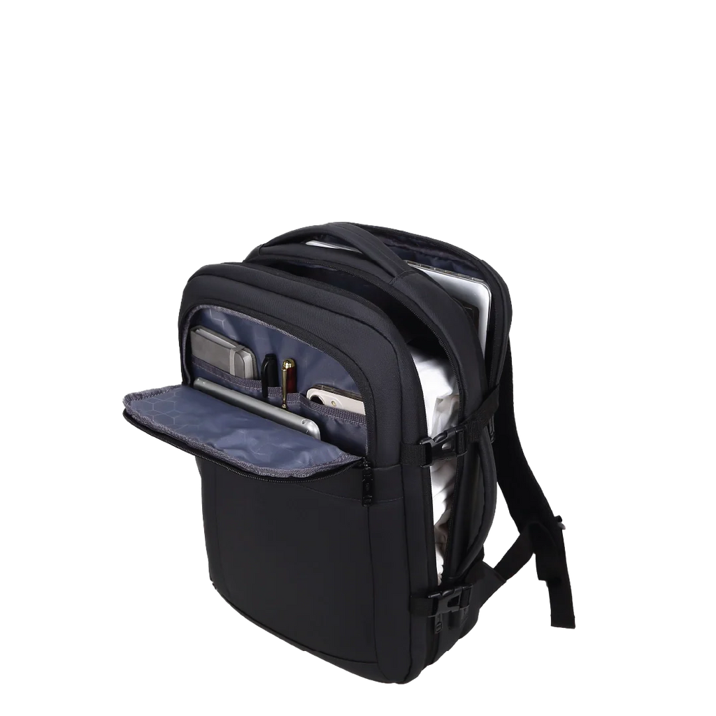 Black backpack showing the compartments.