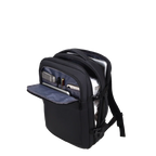 Black backpack showing the compartments.