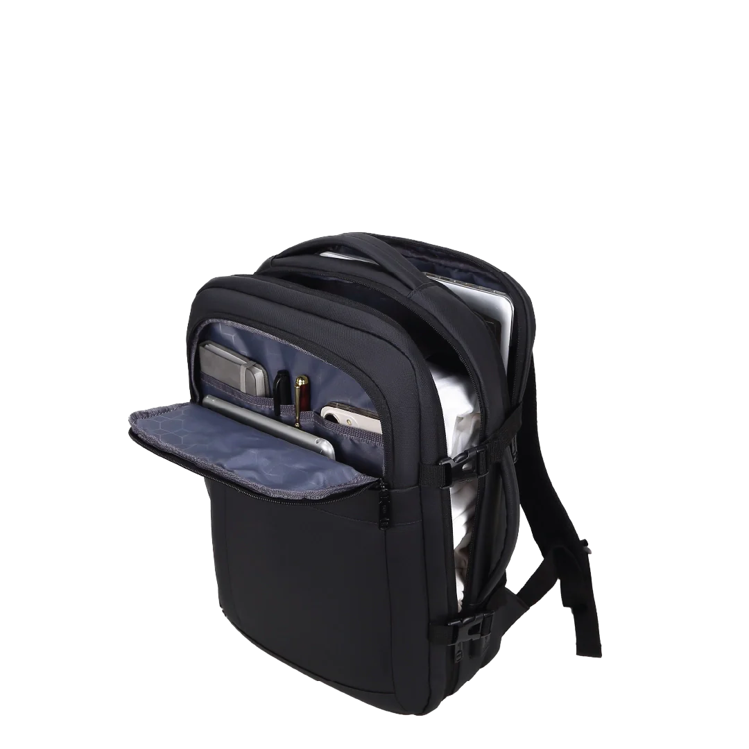 Black backpack showing the compartments.