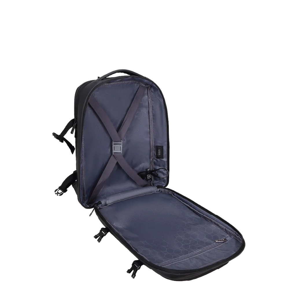 Open dark gray backpack on a white background